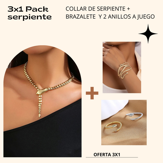 3x1 Collar + Brazalete + 2 anillos serpiente